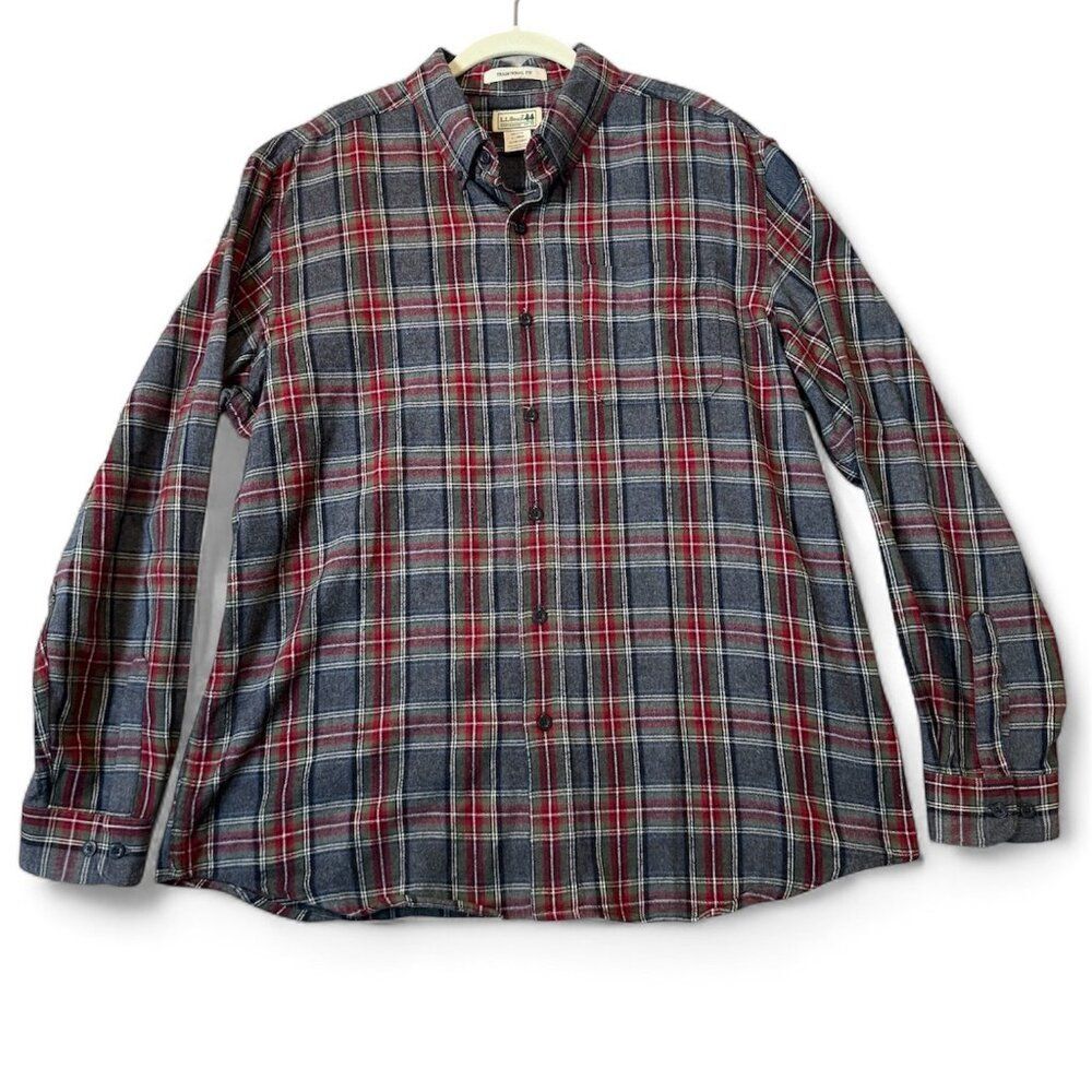L.L. Bean Traditional Fit Flannel Shirt Mens L Regular Red Gray Plaid Cotton
